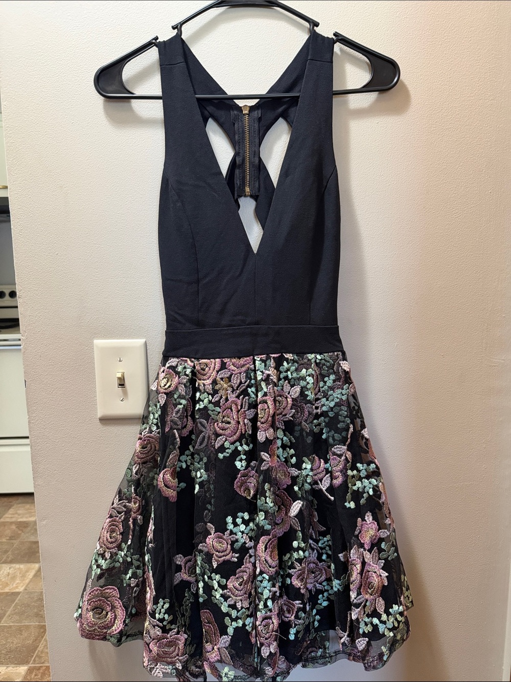 Black Sleeveless Fit-and-Flare Dress with Pink & Mint Floral Embroidery